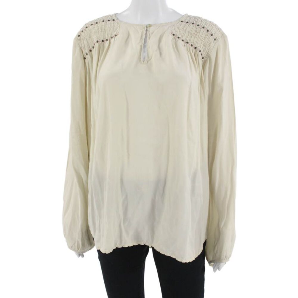 Flannel Women Beige Silk Tunic Long Sleeve Button Bohemian Size L